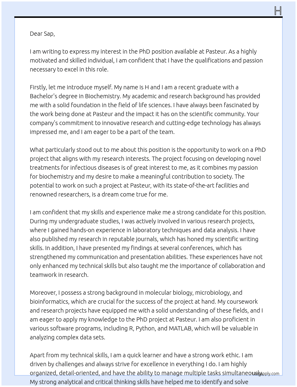 phd At pasteur Cover Letter