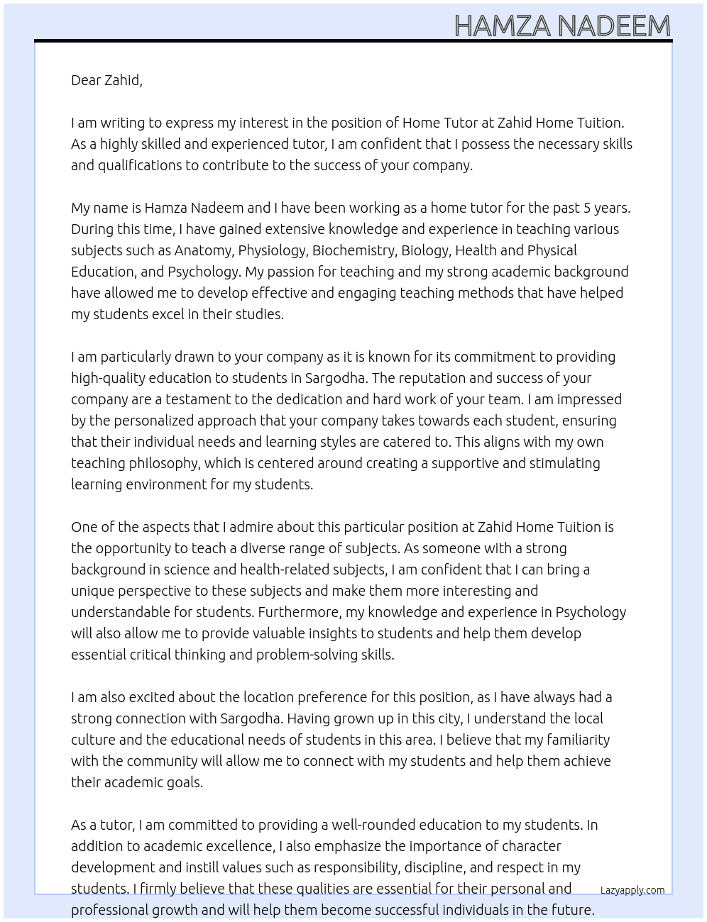 Home tutor At Zahid home tuition  Cover Letter