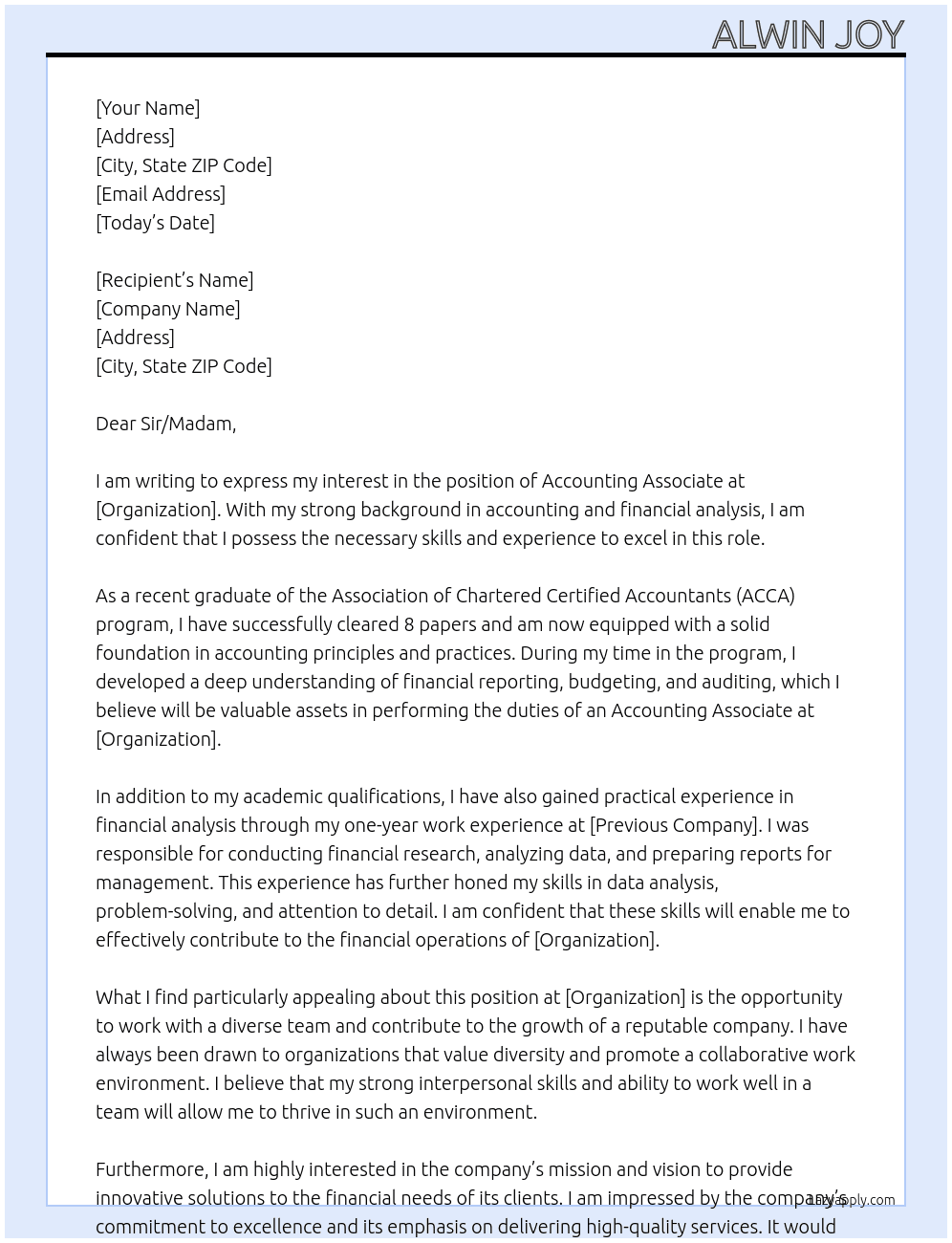 Accounting associate At Organization Cover Letter