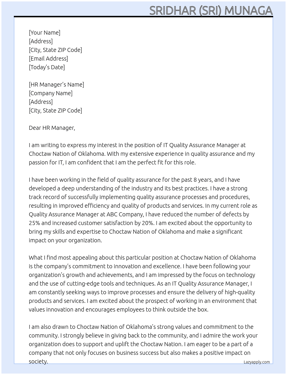 Cover letter for it quality assurance manager - LazyApply
