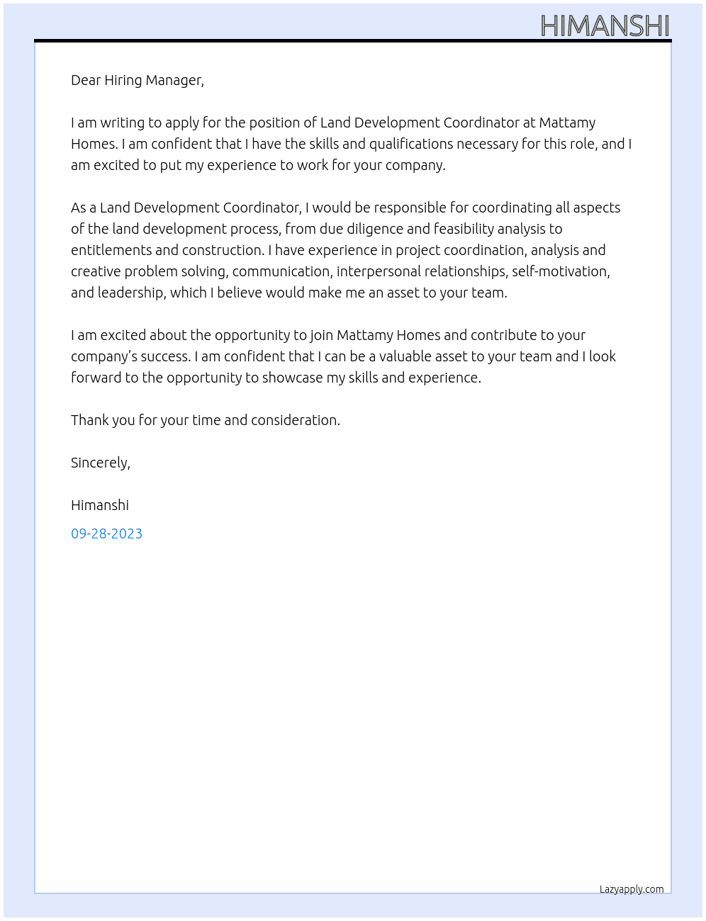 Land Development Coordinator At Mattamy Homes Cover Letter