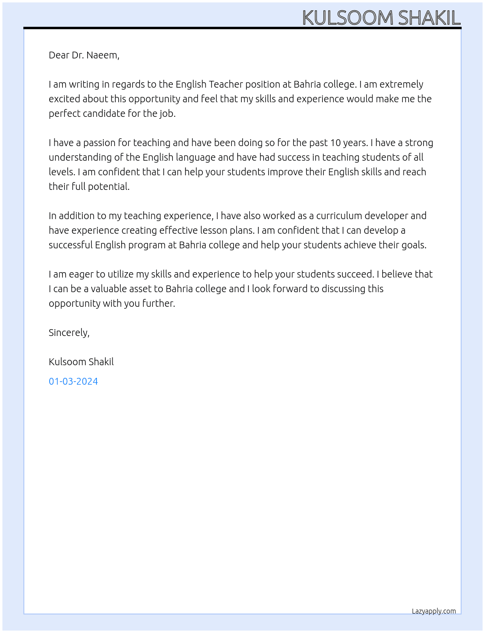 English Teacher At Bahria college Cover Letter