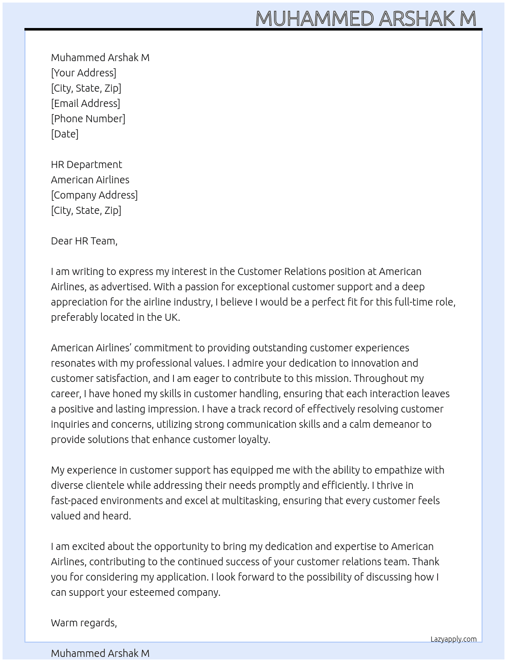 Customer relations  At American Airlines  Cover Letter