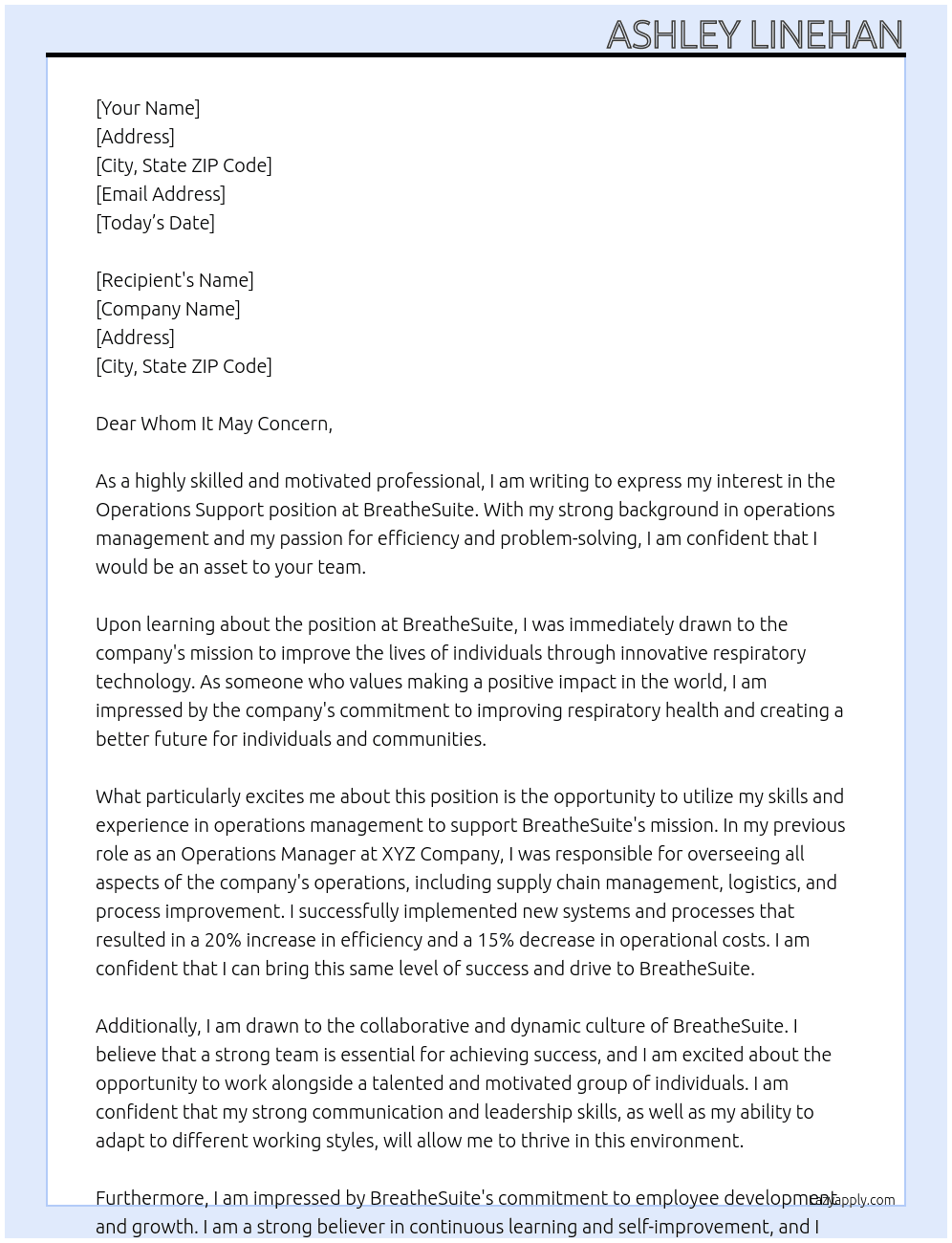 Operations Support At BreatheSuite  Cover Letter