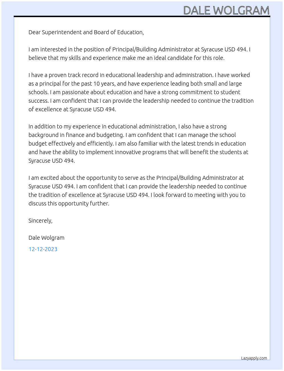 Principal/Building Administrator At Syracuse USD 494 Cover Letter