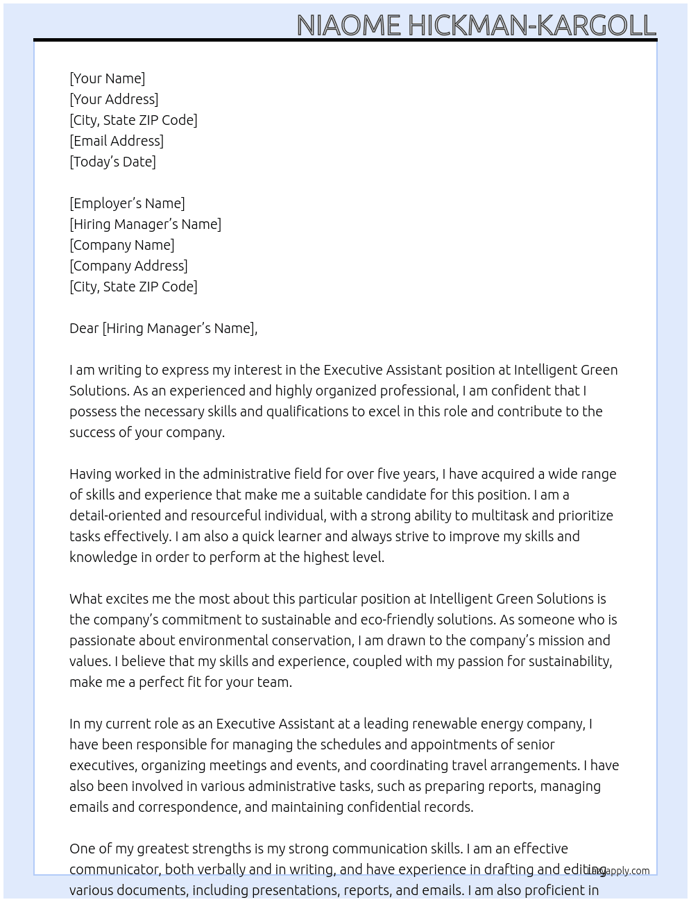 Executive Assistant  At Intelligent Green Solutions Cover Letter