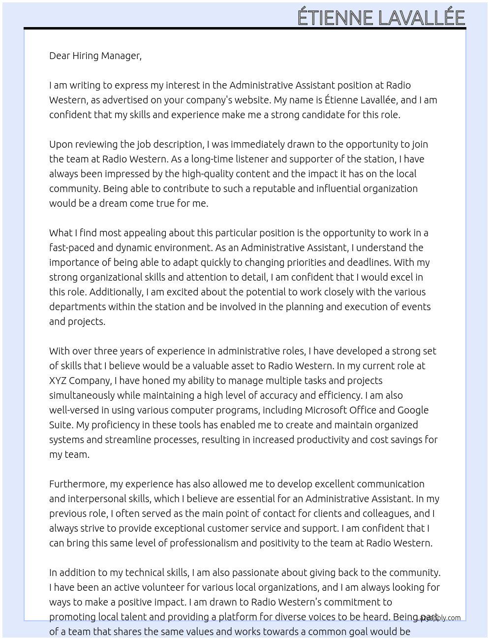 Administrative Assistant At Radio Western Cover Letter