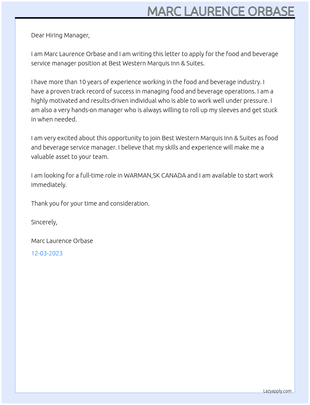 food and beverage service manager At Best Western Marquis Inn & Suites Cover Letter