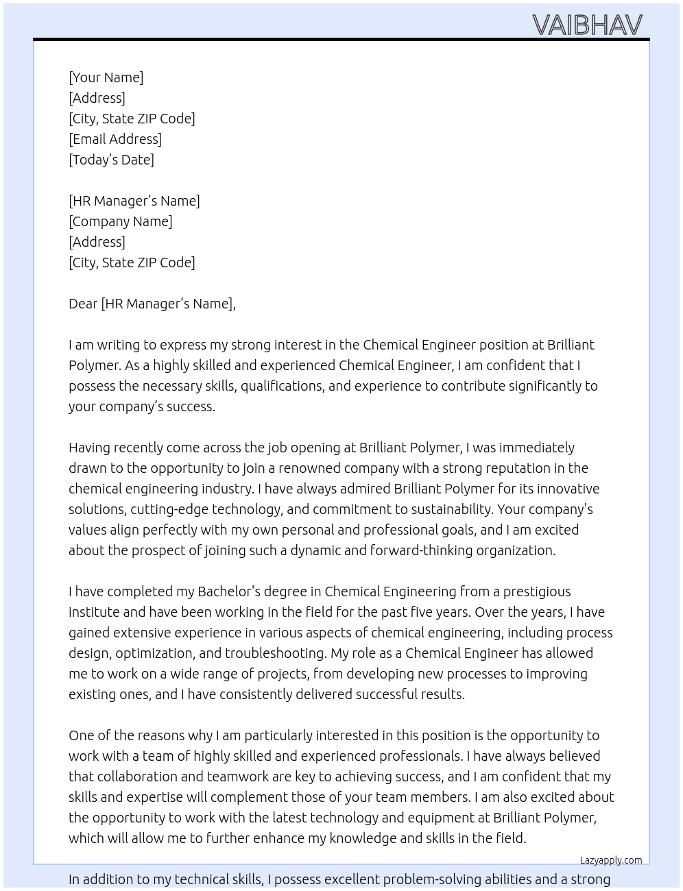 Chemical engineer  At Brilliant polymer Cover Letter