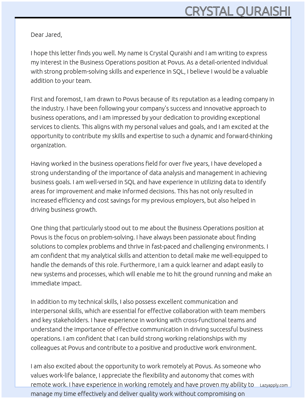 Business Operations At Povus Cover Letter