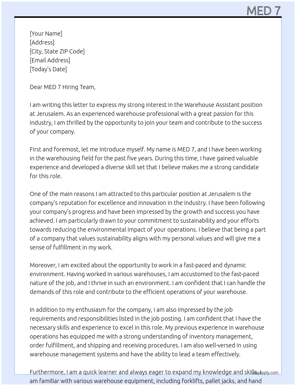 Warehouse Assistant  At Jerusalem Cover Letter