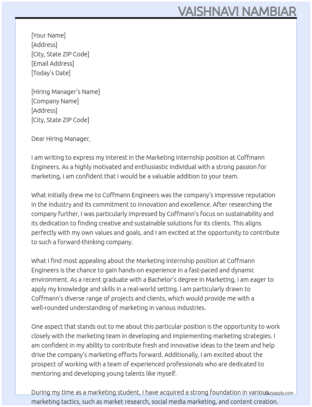 marketing internship At Coffmann engineers Cover Letter