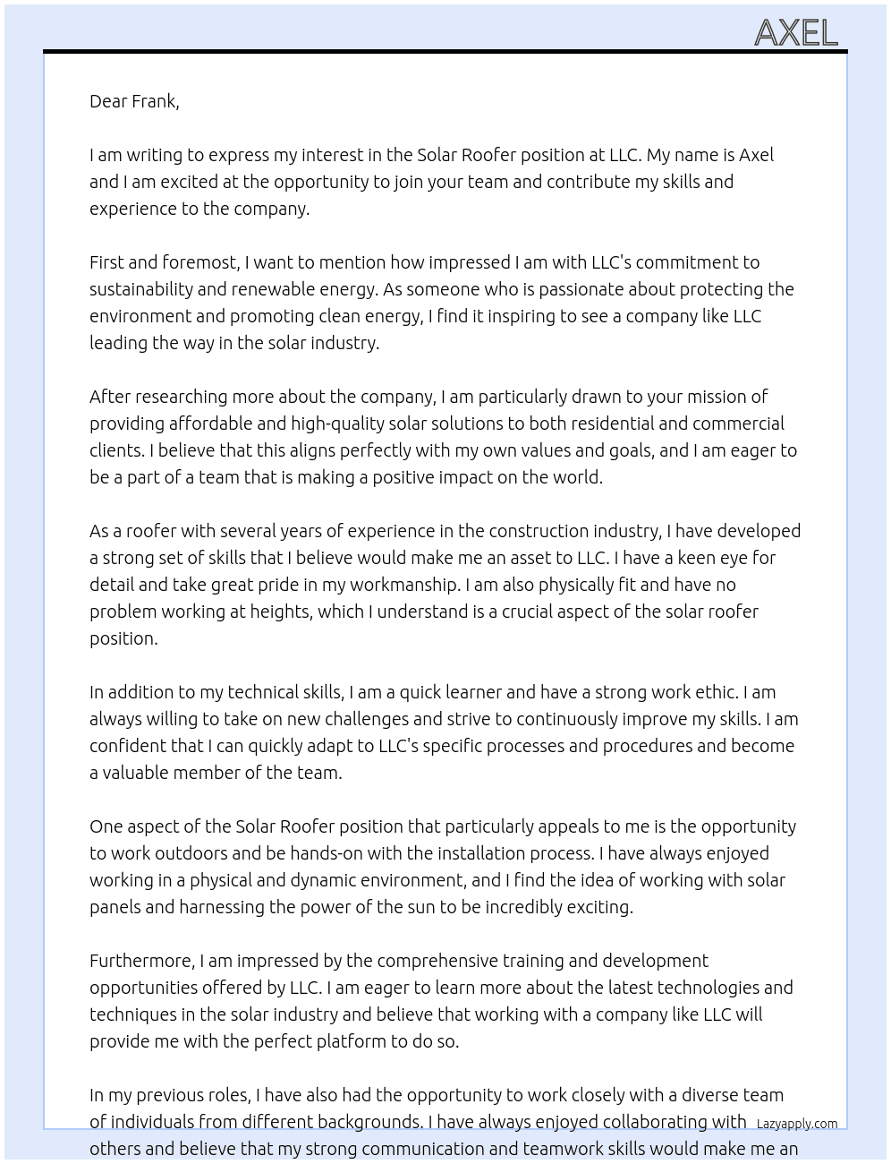 Solar roofer  At LLC Cover Letter