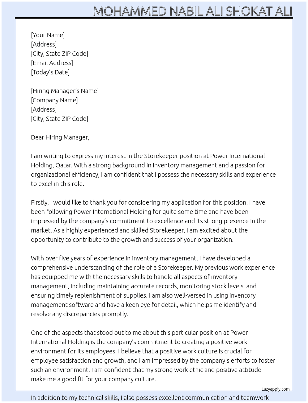 Storekeeper At Power International Holding, Qatar Cover Letter