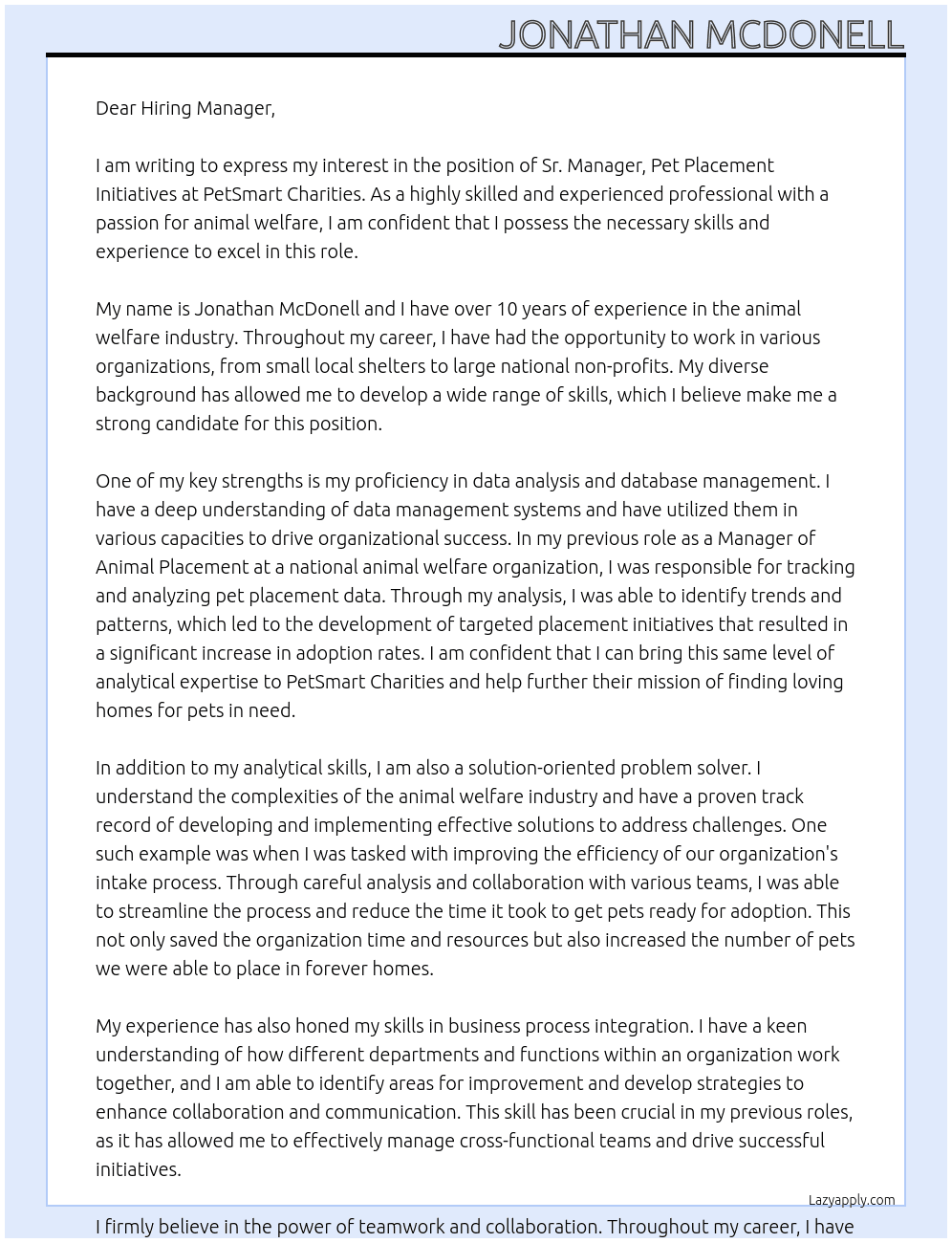 Sr. Manager, Pet Placement Initiatives At PetSmart Charities Cover Letter