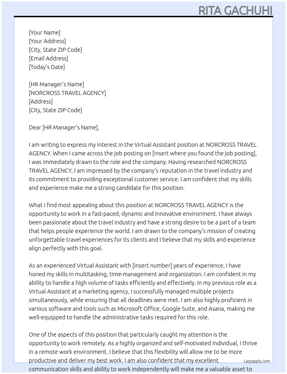 virtual assistant At NORCROSS TRAVEL AGENCY Cover Letter