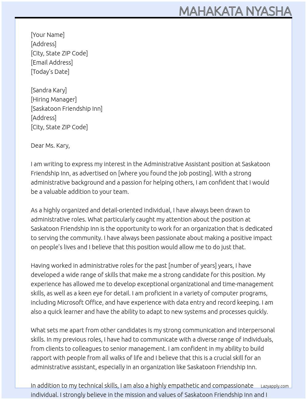 Admistrative Assistant At Saskatoon Friendship Inn Cover Letter