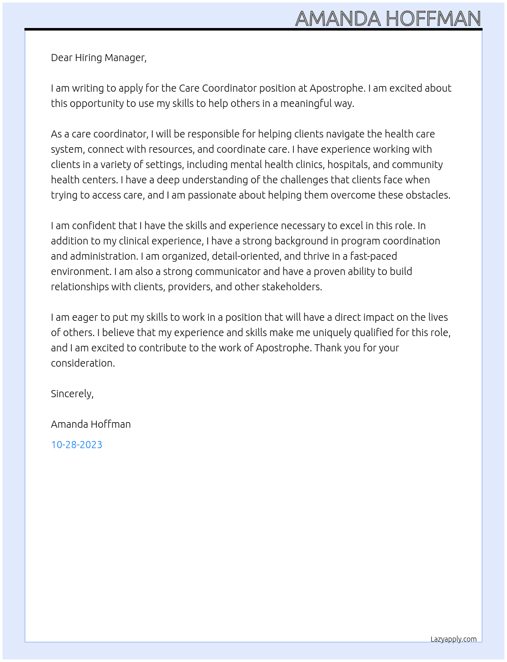 Care Coordinator At Apostrophe Cover Letter