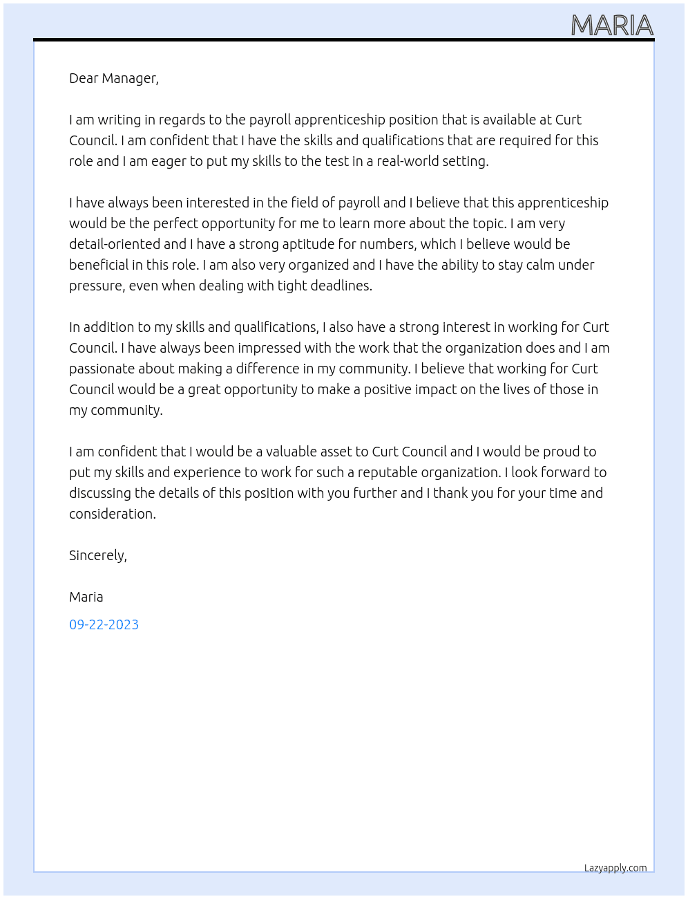 Payroll apprenticeship  At Curt council  Cover Letter