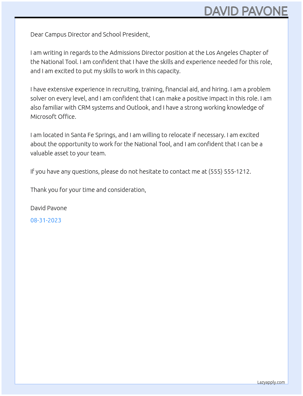 Admissions Director At Los Angeles Chapter of the National Tool Cover Letter