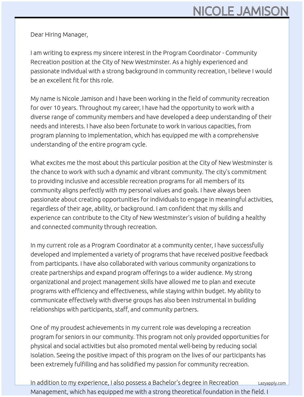 Program Coordinator - Community Recreation At City of New Westminster Cover Letter