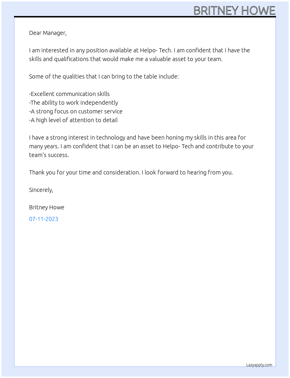 any position available At Helpo- Tech Cover Letter
