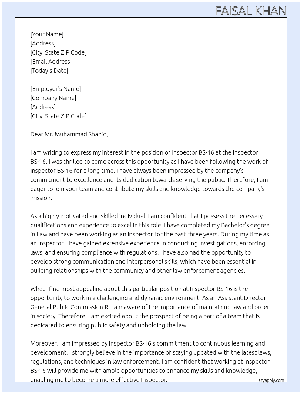 inspctor bs 16 At inspector bs 16 Cover Letter