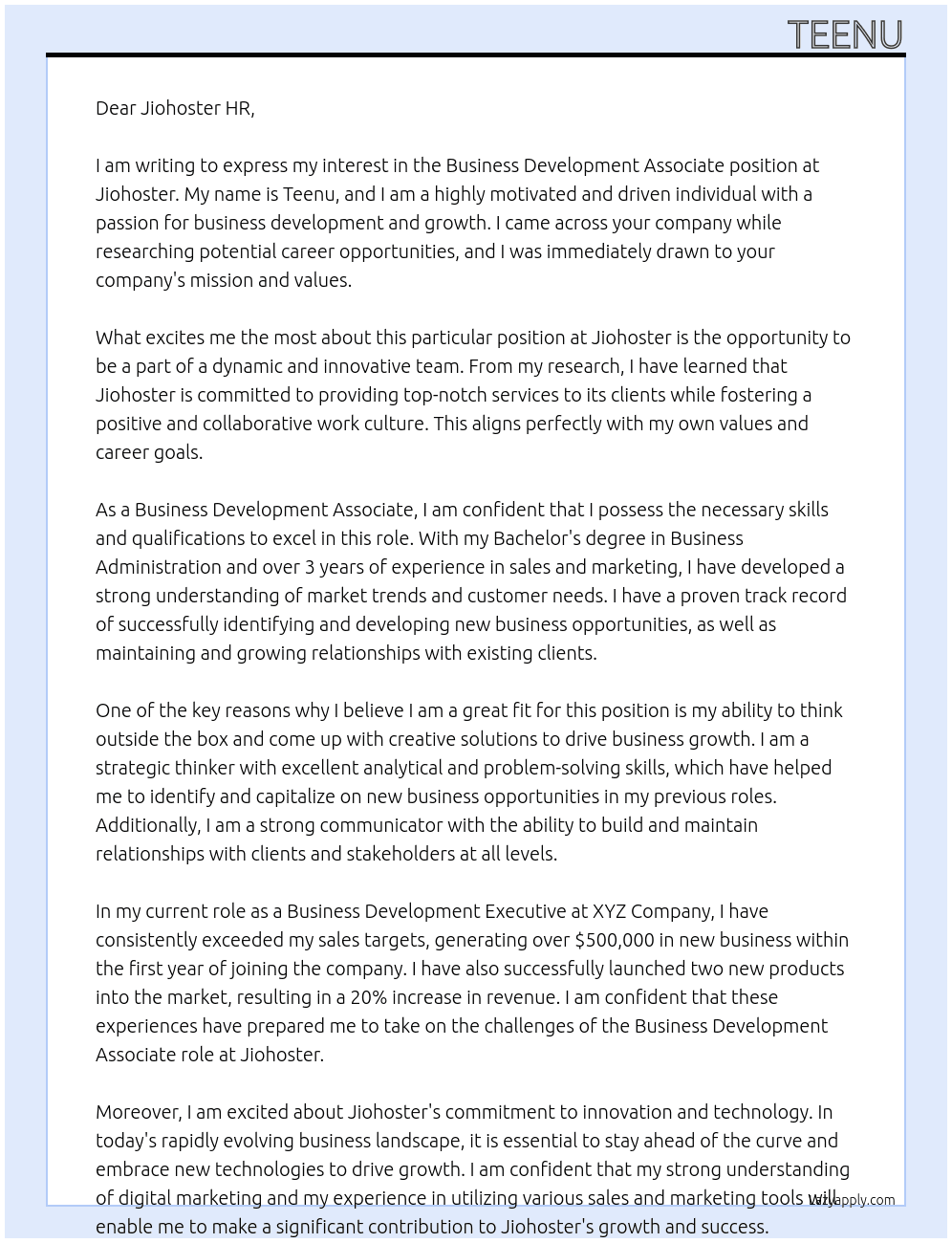 Business Development associate At Jiohoster Cover Letter