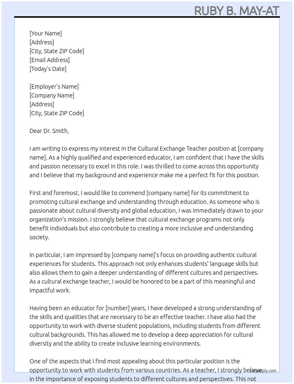 cultural Exchange Teacher in the USA At US Cover Letter