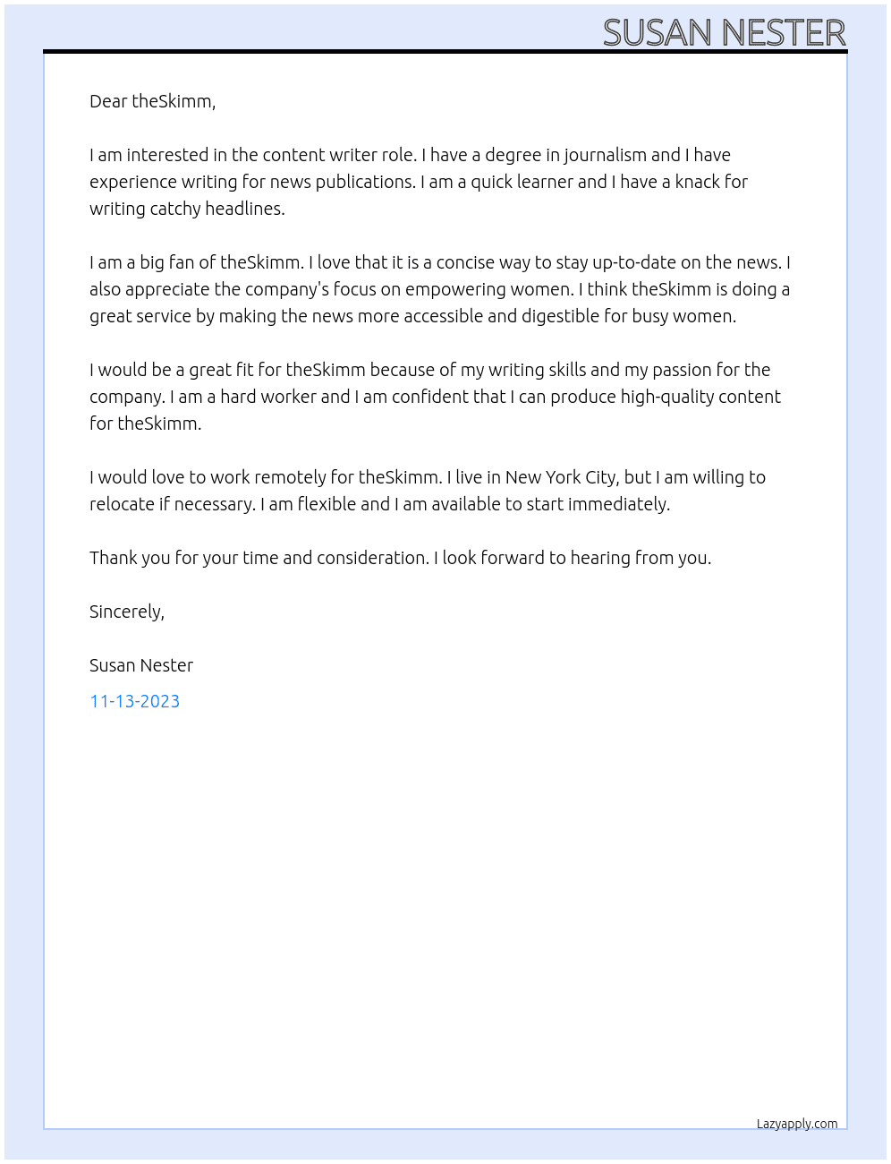 Content Writer At theSkimm Cover Letter