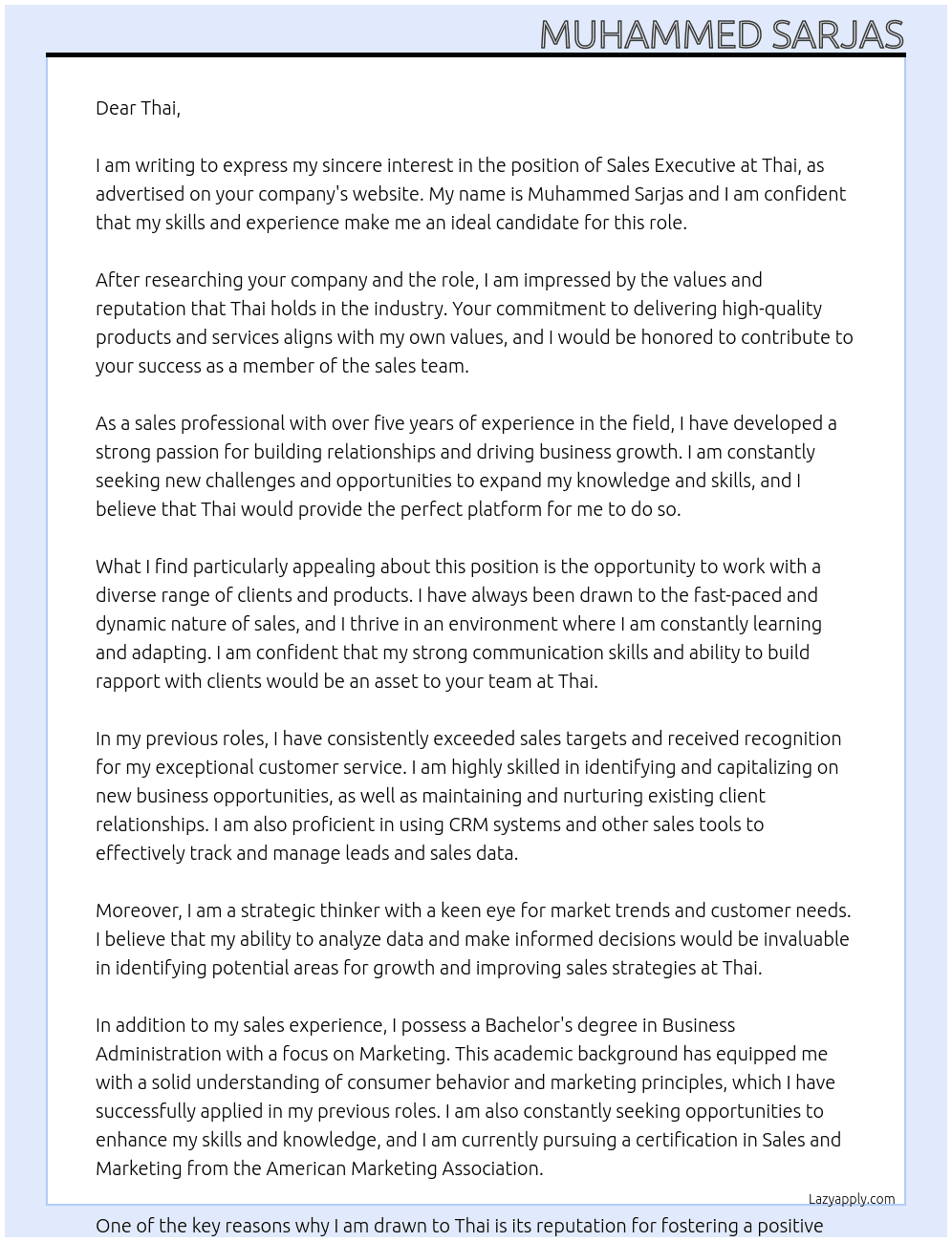 Sales executive  At Thai Cover Letter