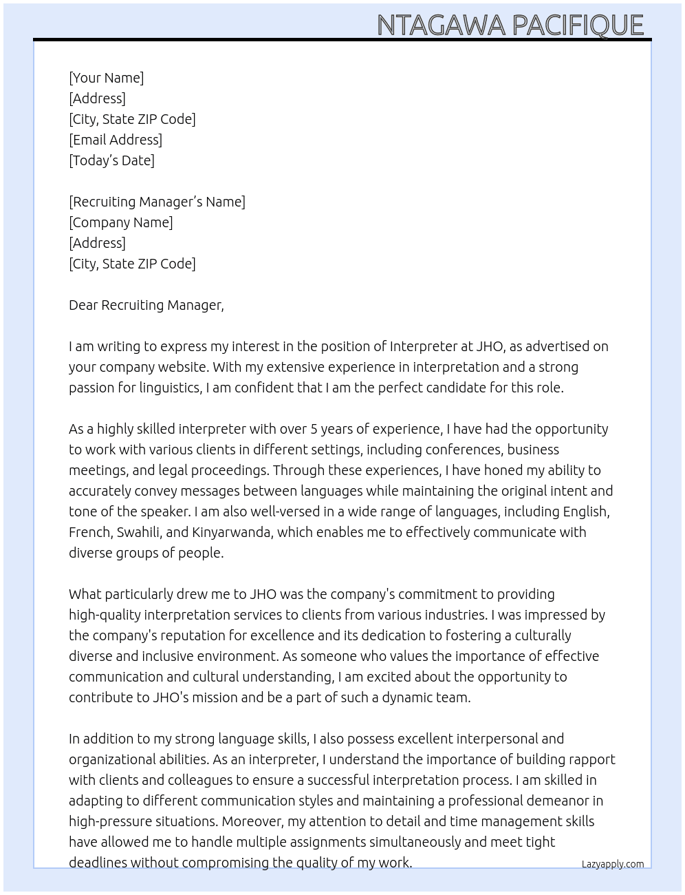 interpretor At jho Cover Letter
