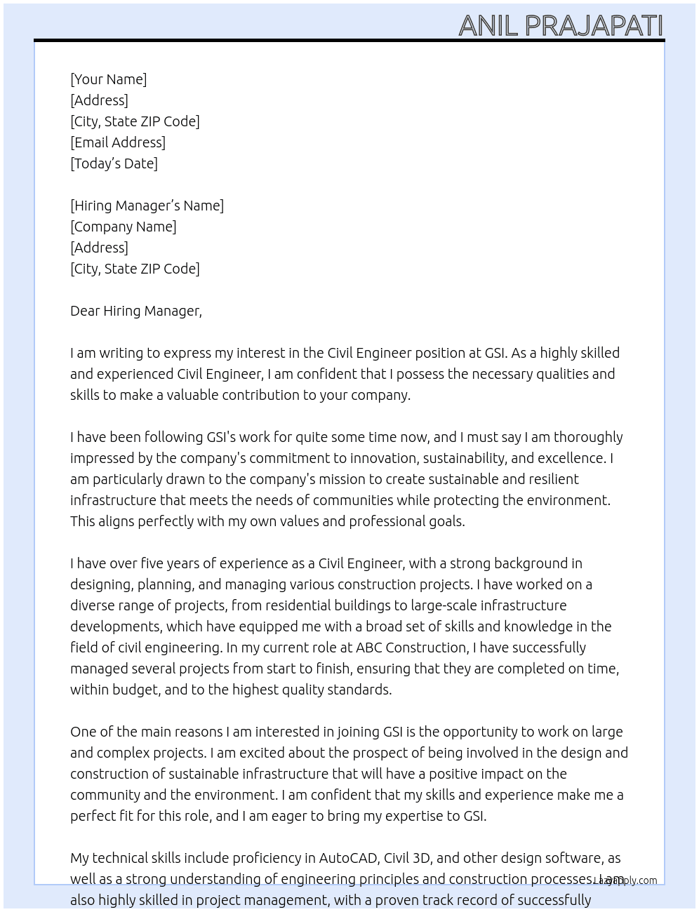 Civil Engineer At gsi Cover Letter