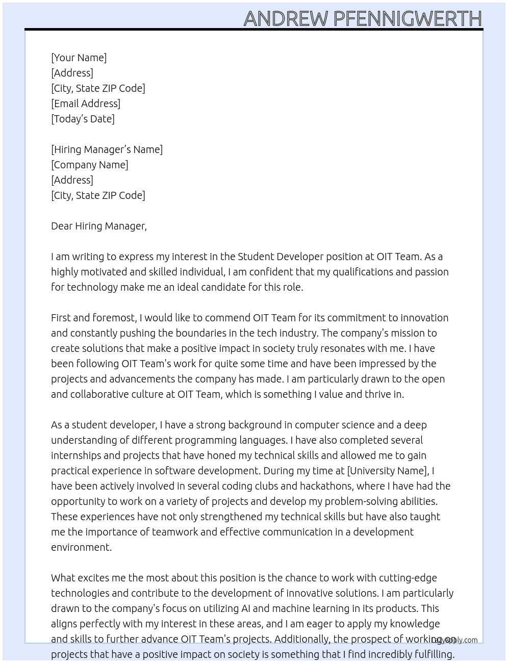 Student Developer At OIT Team Cover Letter