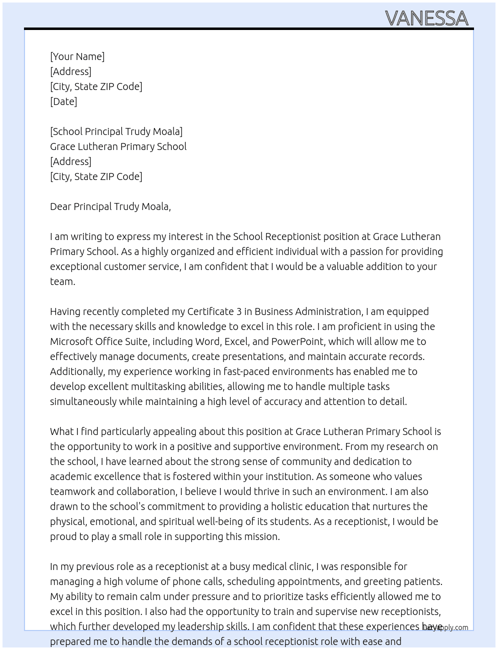 School  receptionist  At Grace Lutheran primary school  Cover Letter