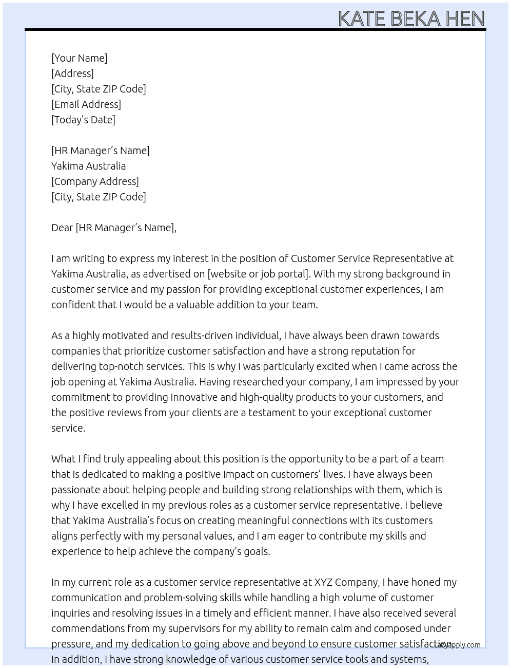 Customer Service Representative At Yakima Australia Cover Letter