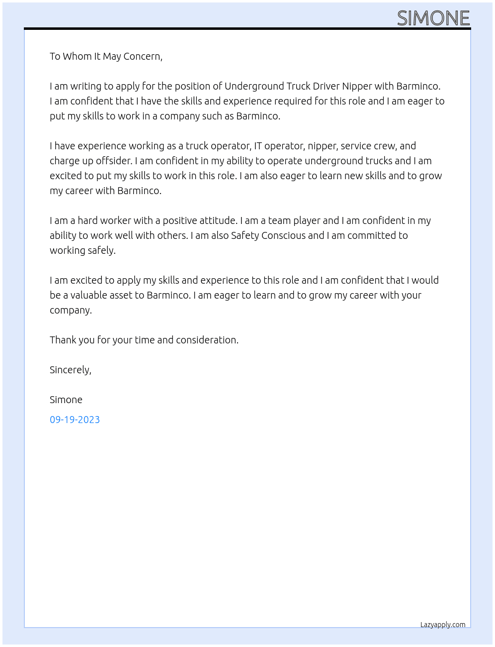 Underground Truck Driver Nipper At Barminco Cover Letter