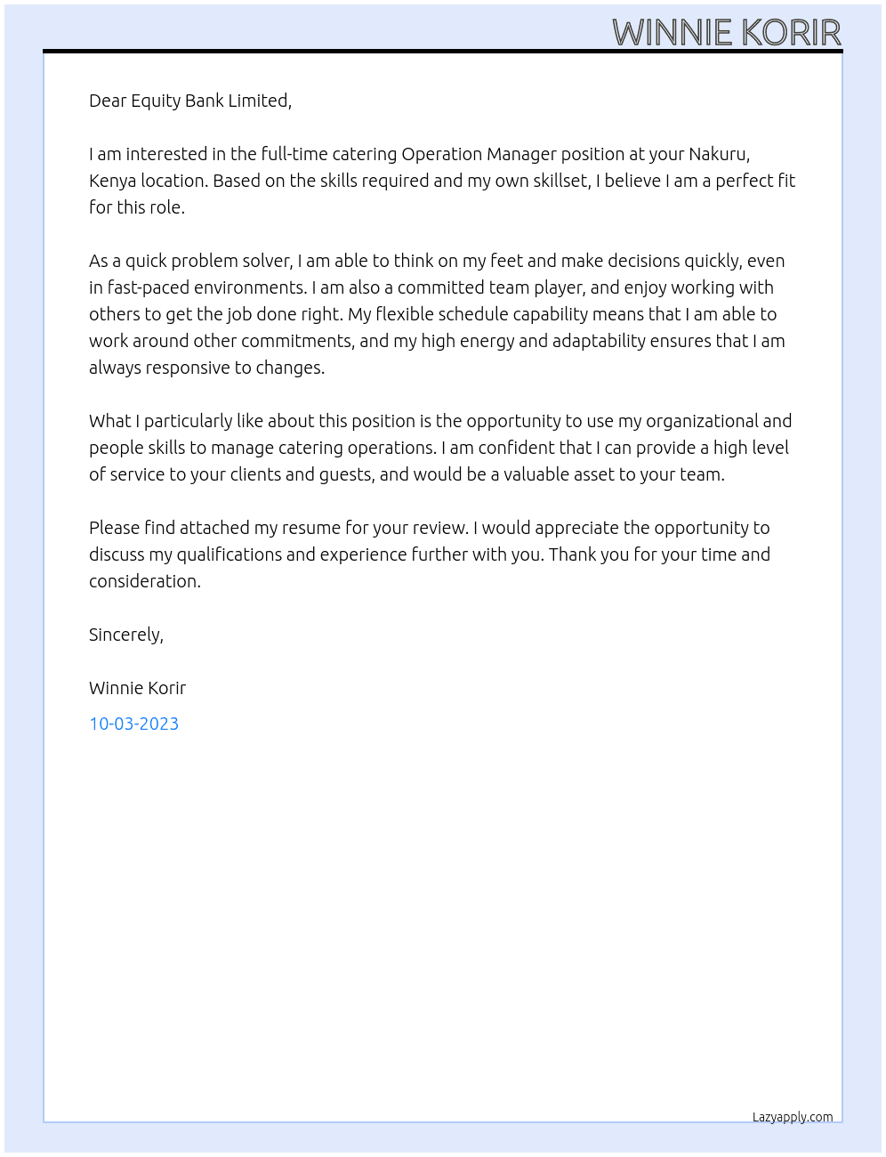 CATERING  At EQUITY BANK LIMITED Cover Letter