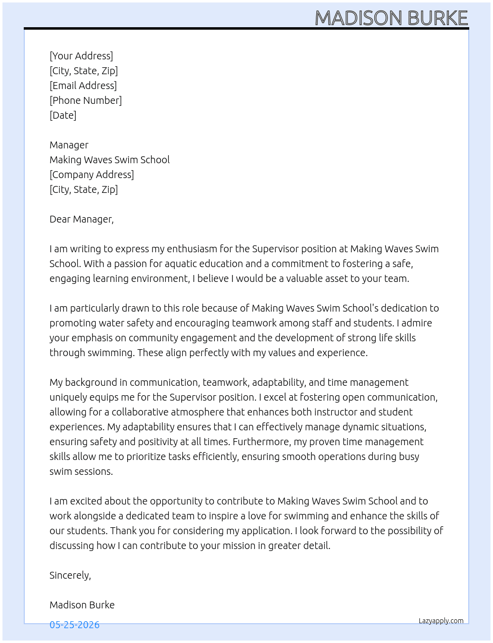 Supervisor At Making Waves Swim School Cover Letter