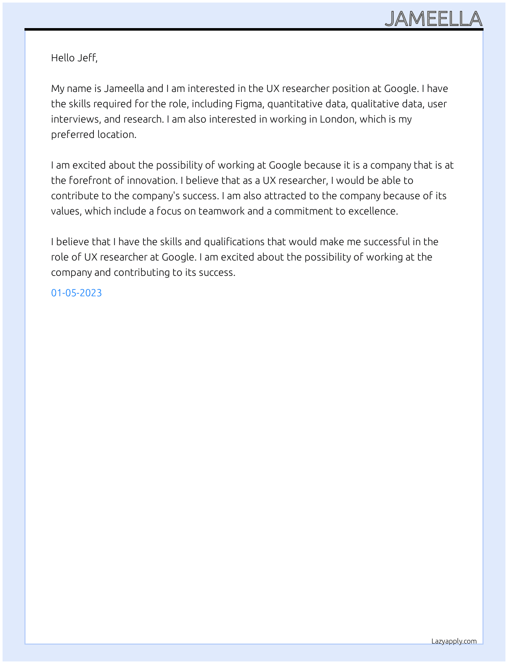 UX researcher At Google Cover Letter