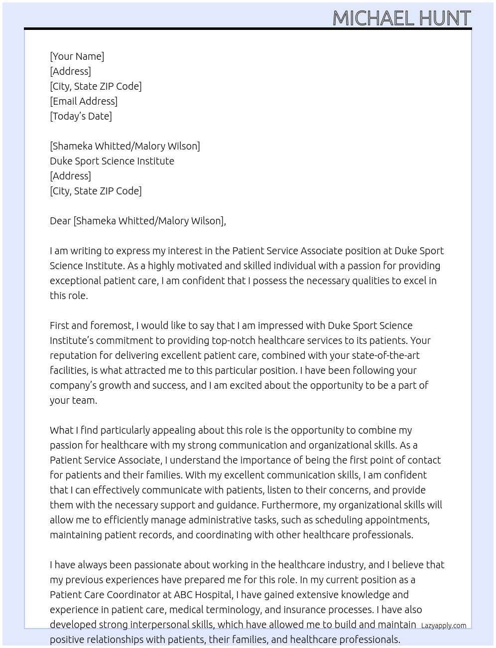 Patient service associate  At Duke sport science institute  Cover Letter