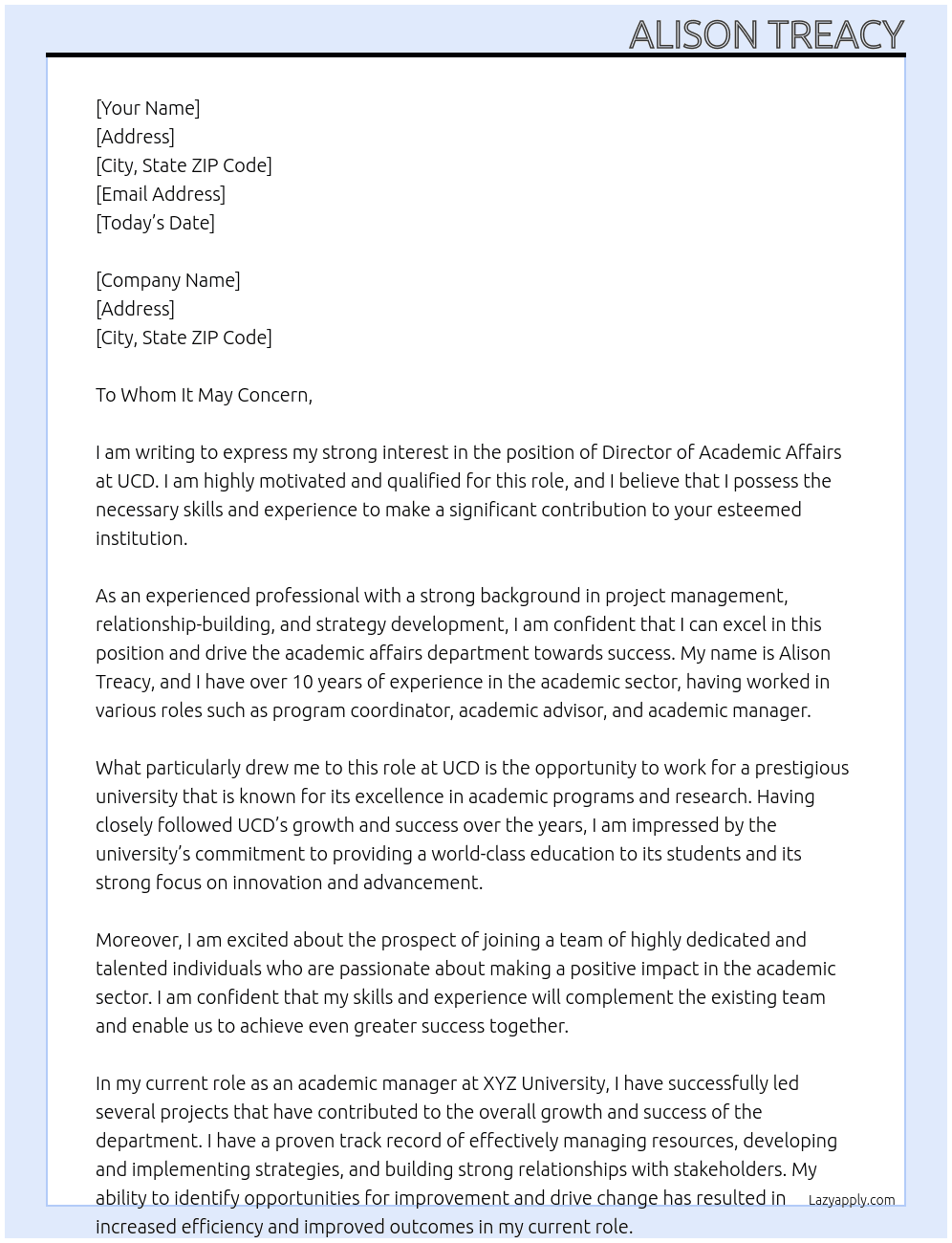 Director of Academic Affiars At UCD Cover Letter