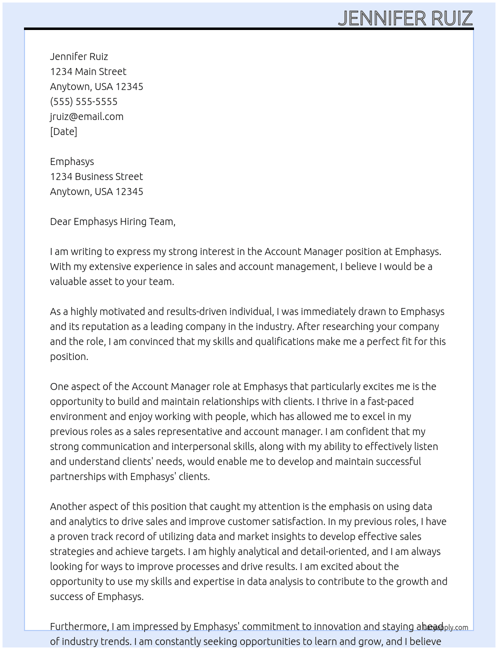 Account manager At Emphasys Cover Letter