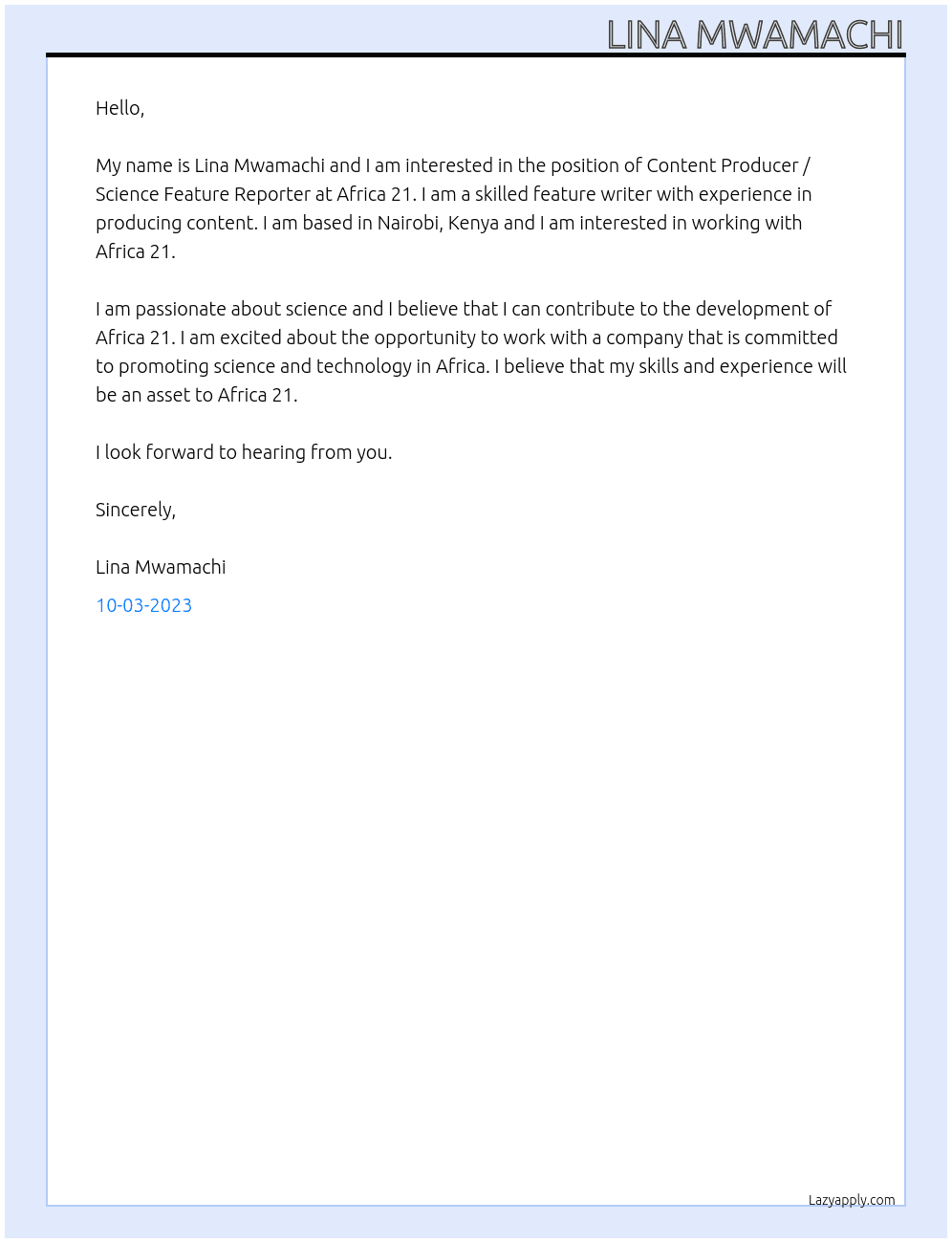 Content Producer / Science Feature Reporter At Training Cover Letter