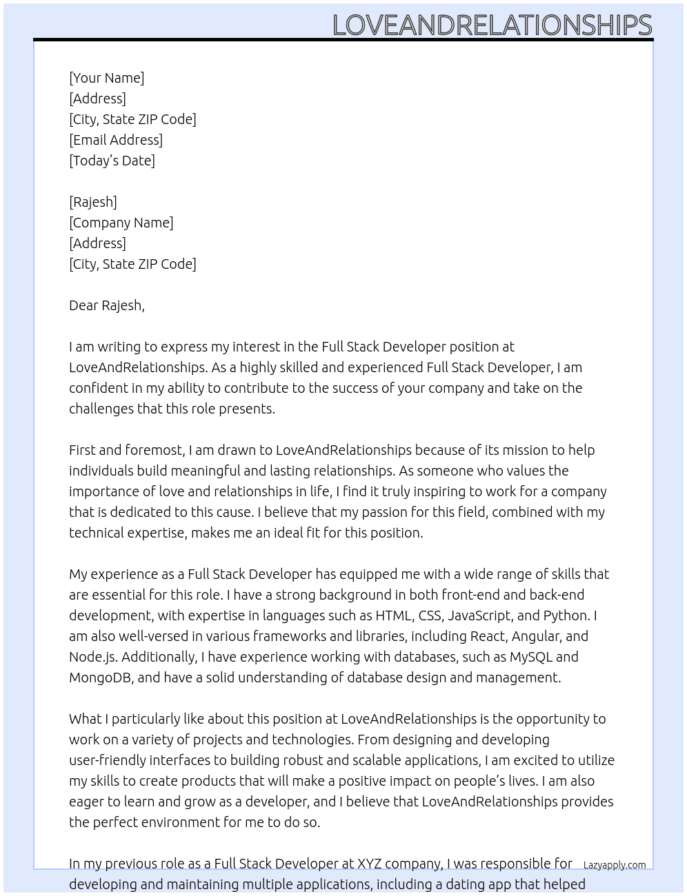 full stackk developre At loveAndRelationships Cover Letter