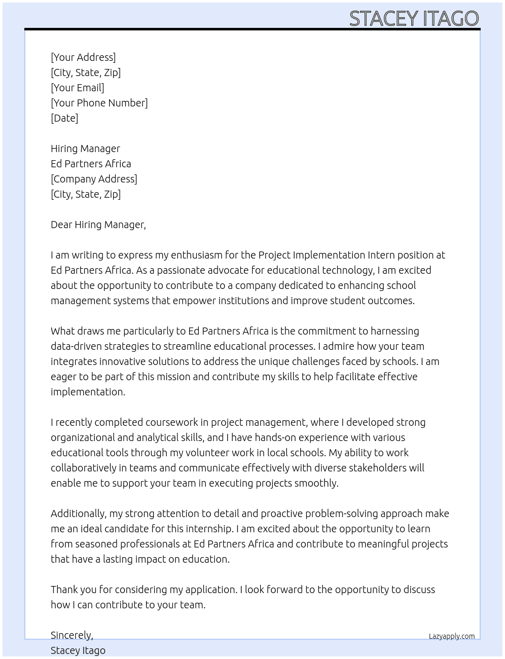 Cover letter for project implementation intern-school management system - LazyApply