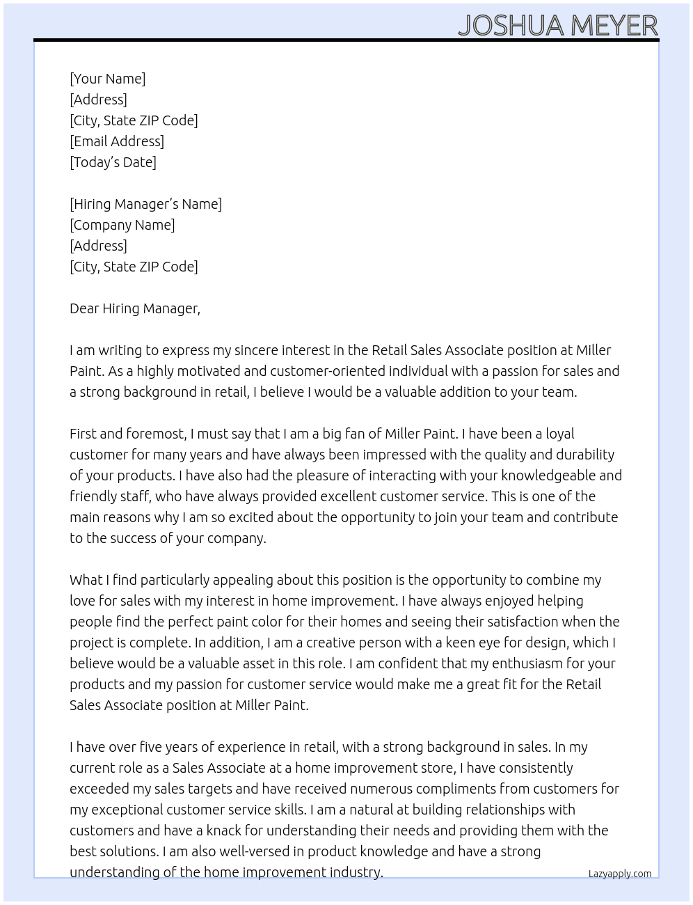 Retail Sales Associate At Miller Paint Cover Letter