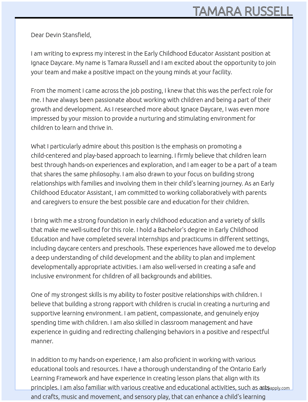 Early Childhood Educator Assistant  At Ignace Daycare Cover Letter