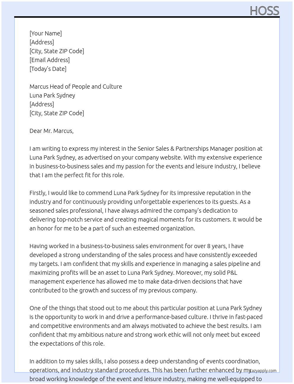 Senior Sales & Partnerships Manager At Luna Park Sydney Cover Letter