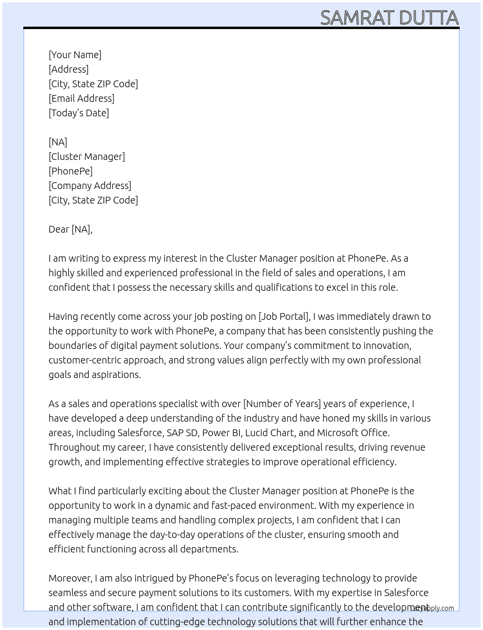 Cluster Manager At PhonePe Cover Letter